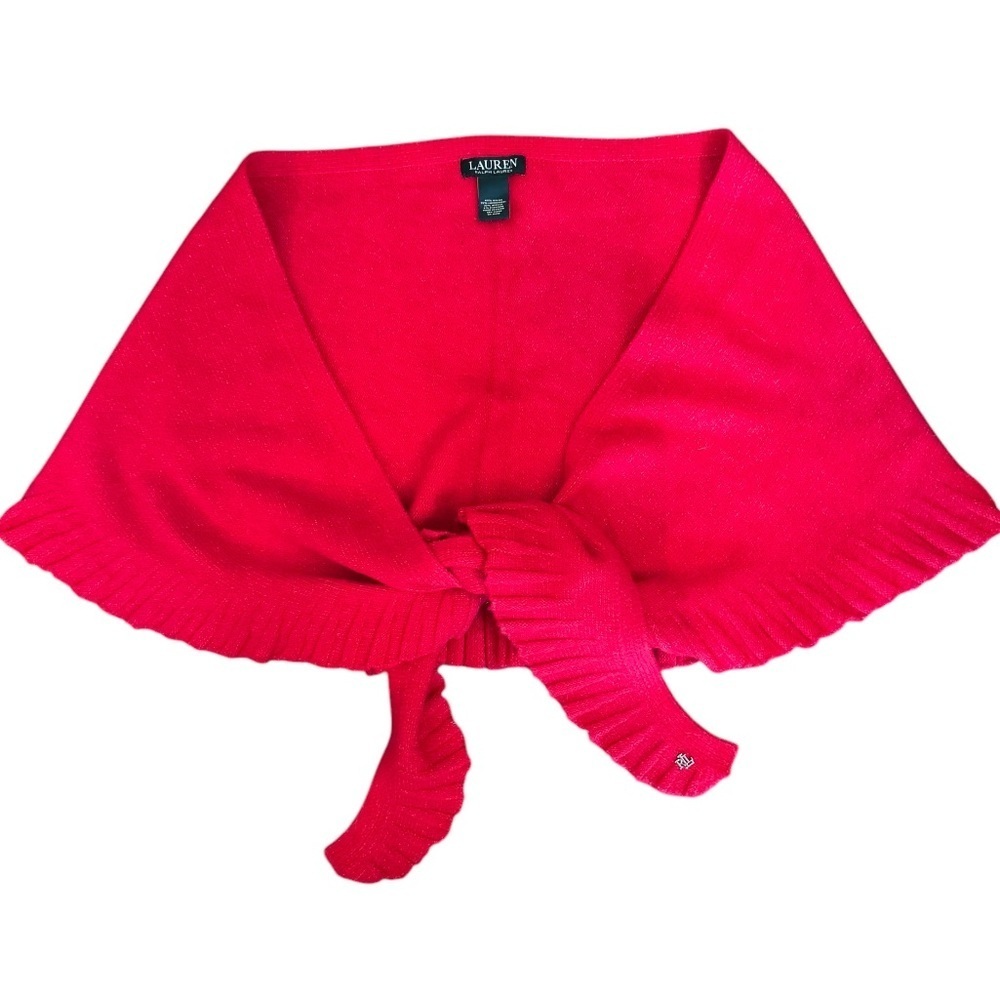 Ralph Lauren women’s red shimmer pleated edges tie warm lambswool shawl scarf